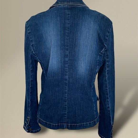 Casual Corner Denim Blazer Jean Jacket Dark Blue Stretch Notch Lapel Size 8 - Picture 10 of 11